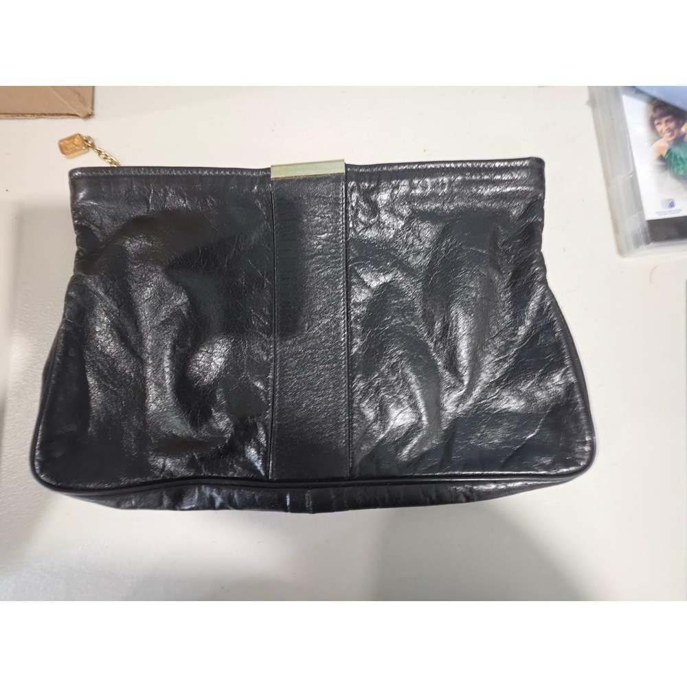 Black Leather Clutch Zip Bag Gold Logo Charm vintage